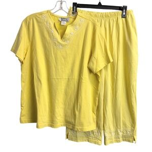 Anthony Richards Yellow Embroidered 2 Piece‎ Lounge Set Top Pants Petite Large